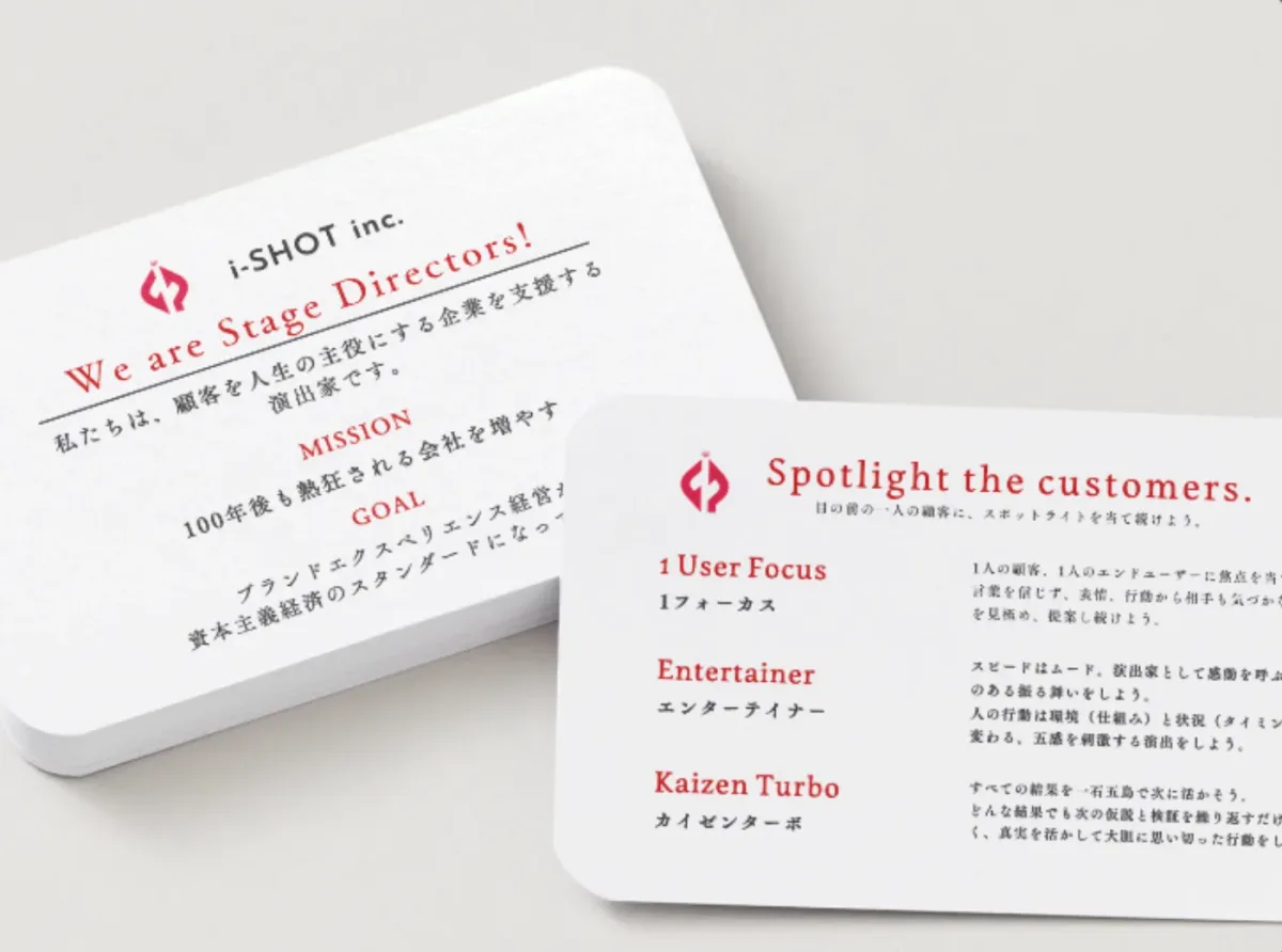 i-SHOTのBXカード。表には会社の使命と目指す姿、裏には顧客にスポットライトを当て続けるための3つの約束が書かれている
