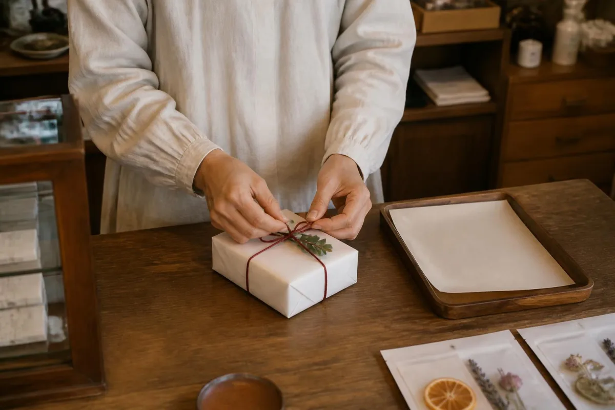 小さな店のカウンターで、お客様のための贈り物を丁寧に包むスタッフの手元