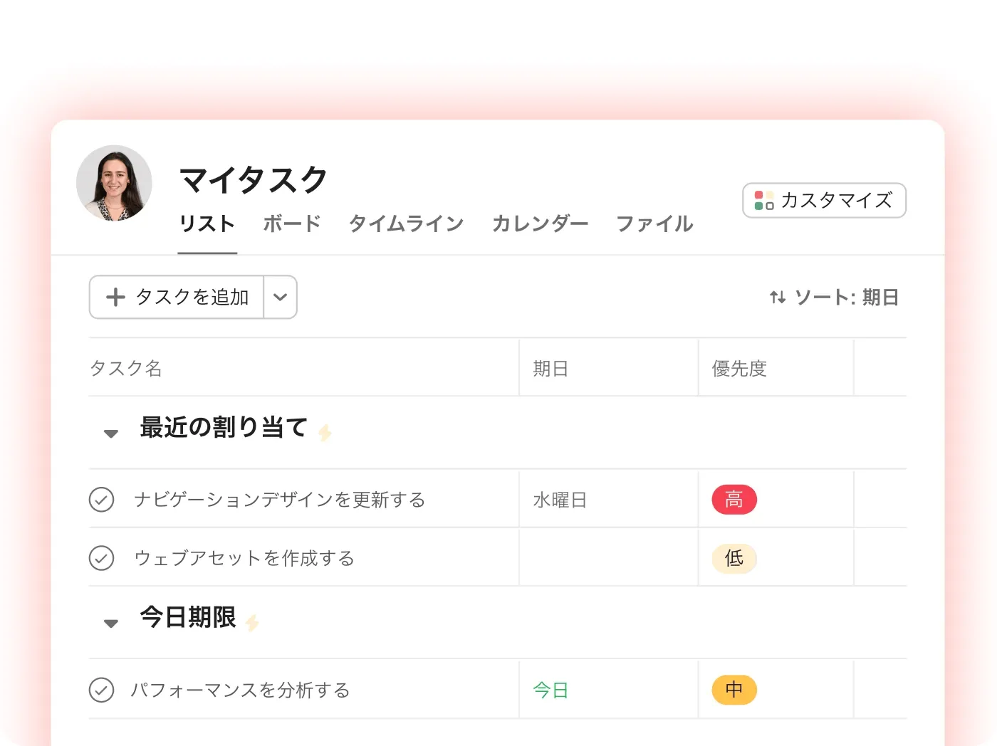 Asana の「マイタスク」のリスト。タスクごとに期日と優先度が並び、最近の割り当てと今日期限でまとまっている