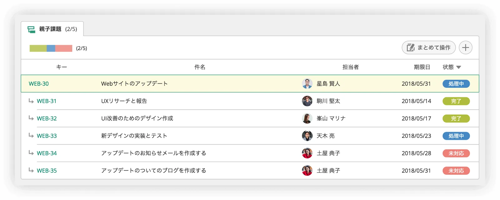 Backlog の課題の一覧。キー・件名・担当者・期限・状態が1行ずつ並んでいる