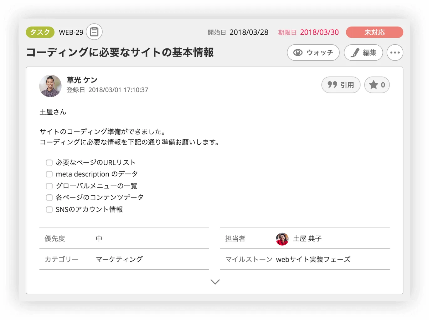 Backlog の課題の詳細。担当者・優先度・カテゴリ・マイルストーンの欄と、チェックリスト入りの説明がある