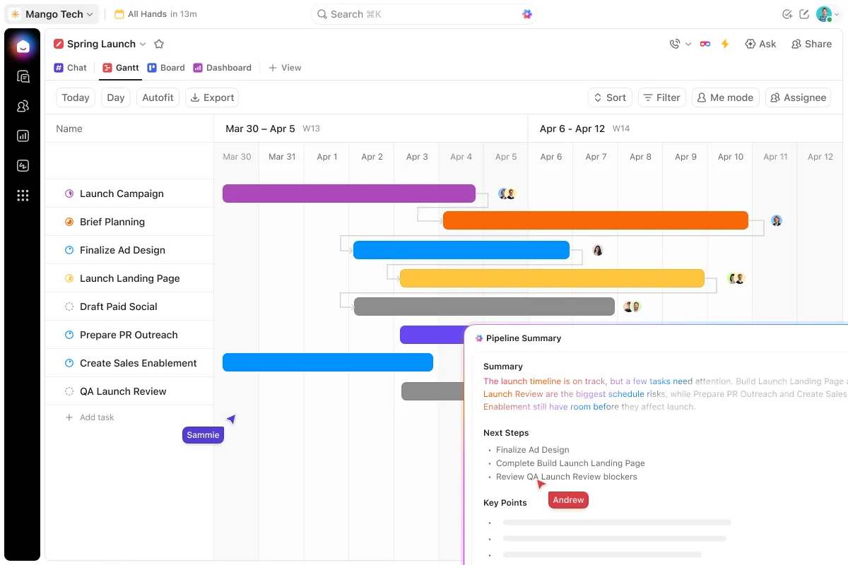 ClickUp のガント。タスクごとの棒が日付に沿って並び、右に要約の枠がある