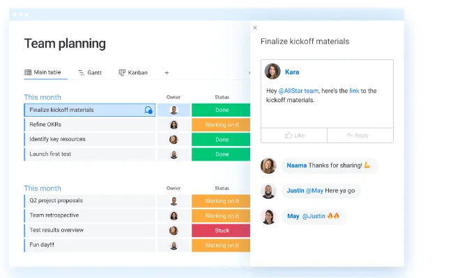 monday.com の「Team planning」の表。担当者と状態の色の帯が並び、右にコメント欄がある