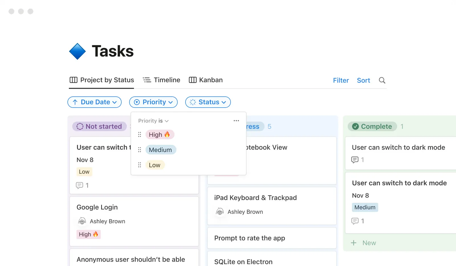 Notion の Kanban。Not started・In progress・Complete の列にカードが並び、優先度で絞り込むメニューが開いている