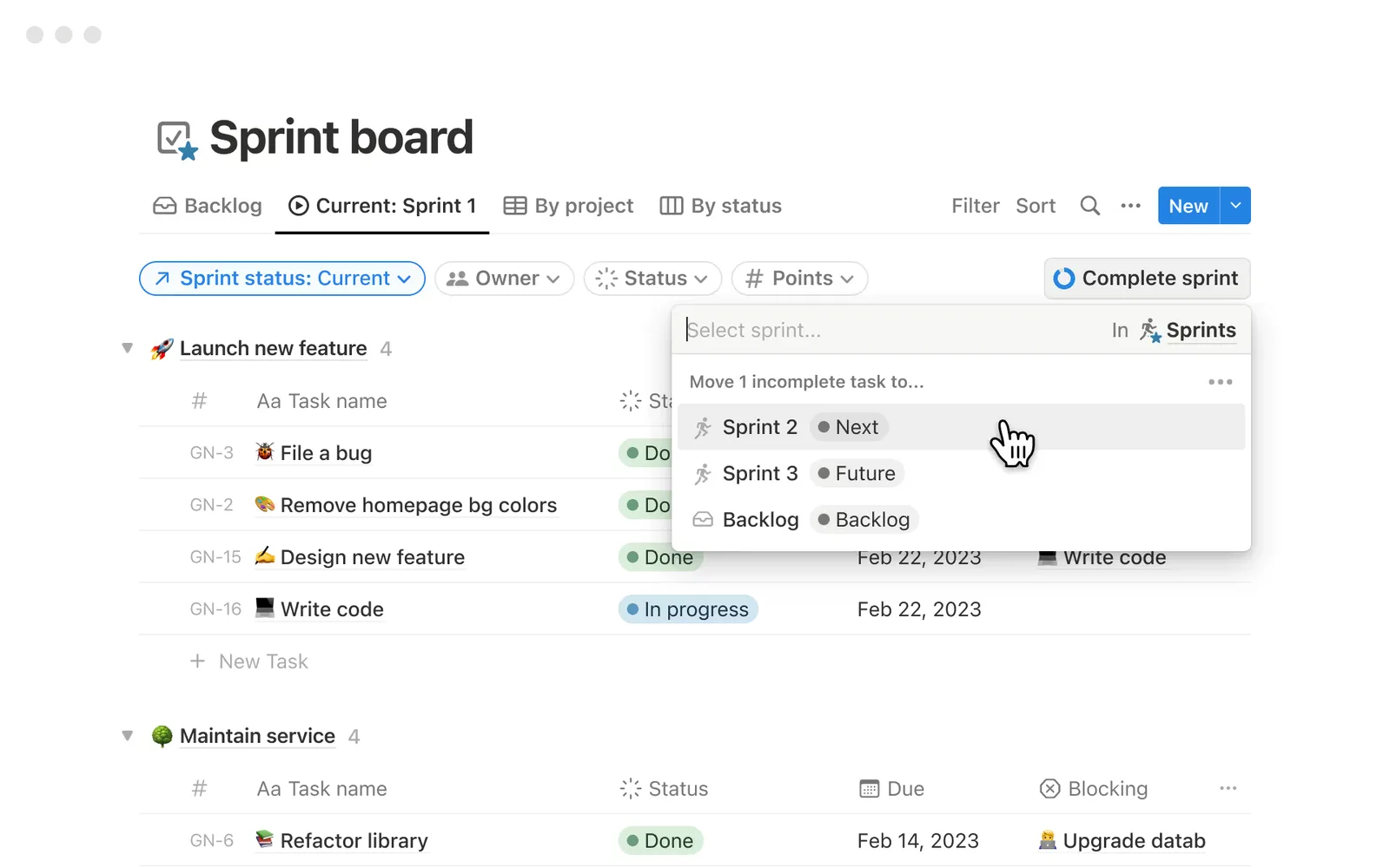 Notion のスプリントのボード。タスクが表に並び、別のスプリントへ移すメニューが開いている