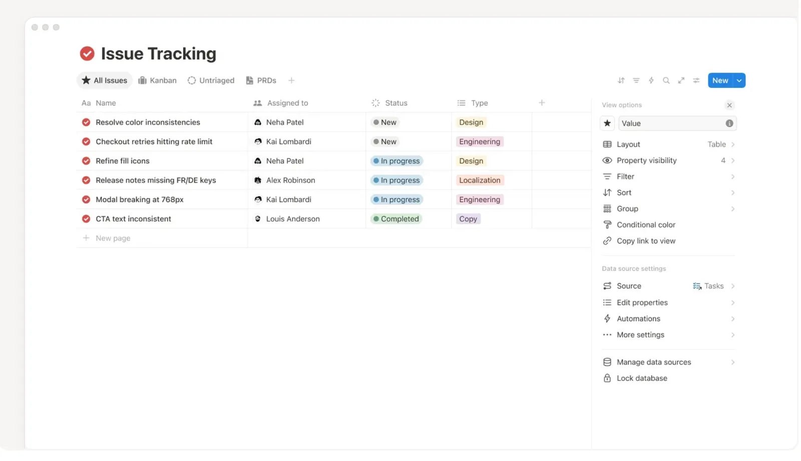Notion の課題管理の表。行ごとに担当と状態（New・In progress・Completed）が並び、上に Kanban への切り替えのタブがある