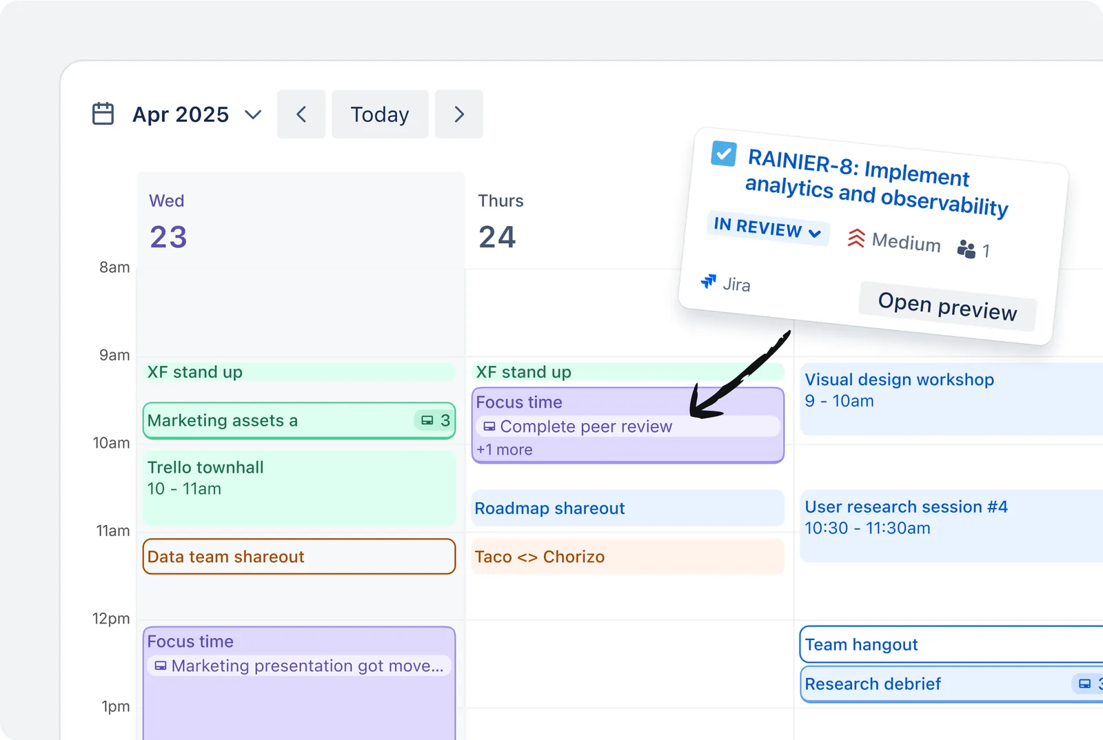Trello のカレンダー。1週間の枠に予定と、期日のあるカードが並んでいる