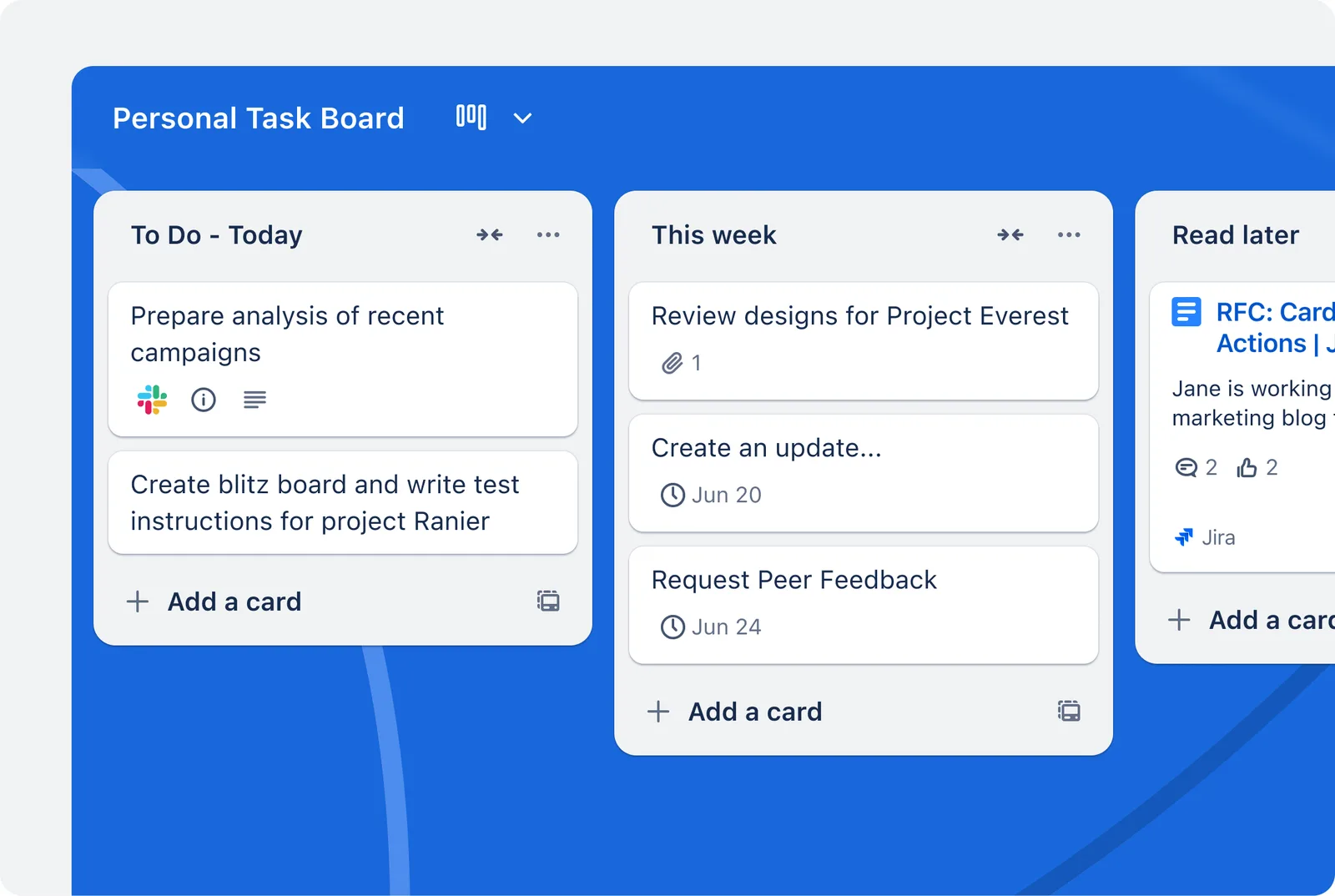 Trello のボード。「To Do - Today」「This week」「Read later」の列にカードが並んでいる