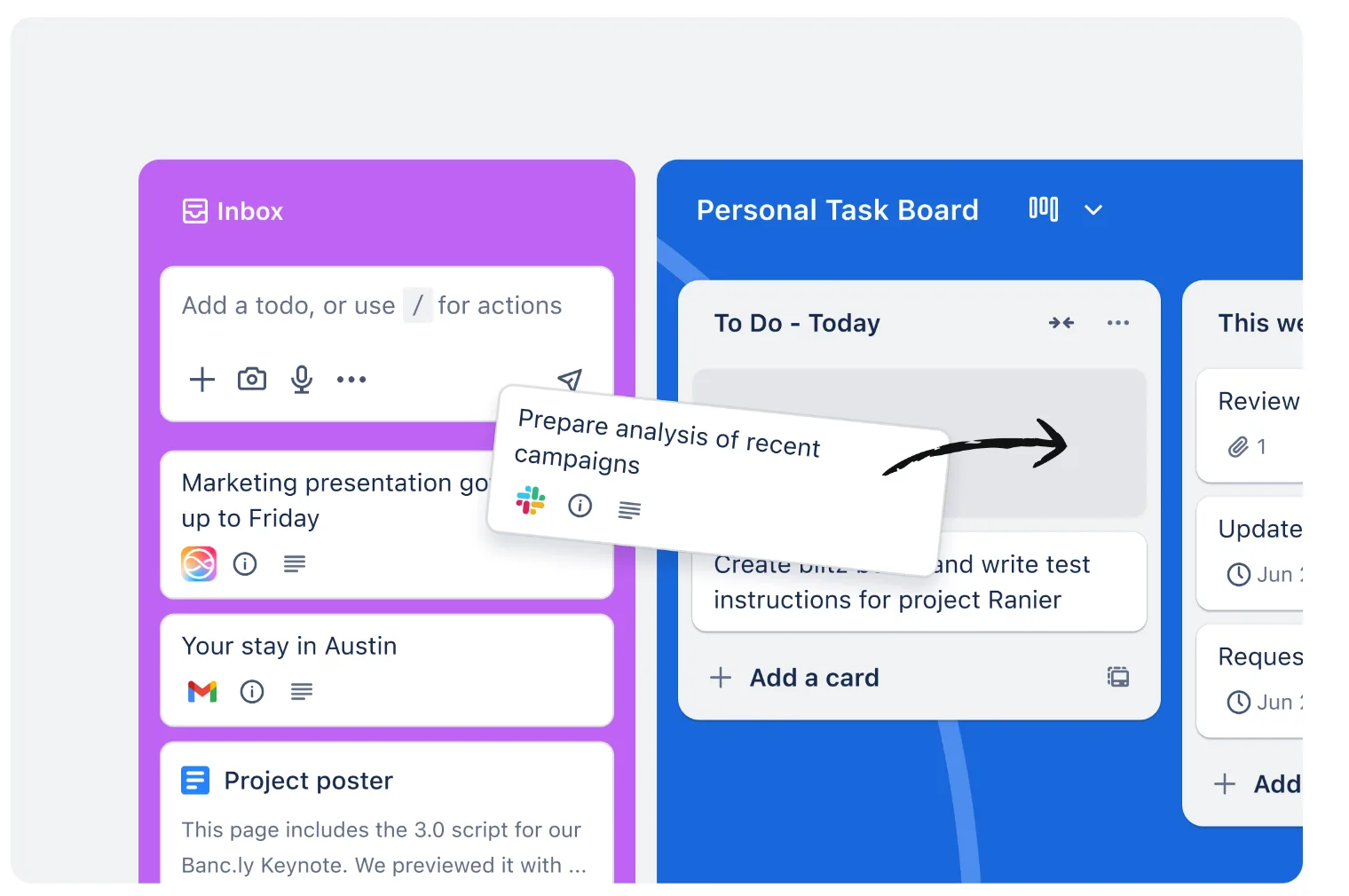 Trello のボード。左に受信箱（Inbox）、右に「To Do - Today」などの列があり、やることのカードが並んでいる
