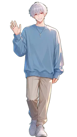 ナギ（手を上げてあいさつ）